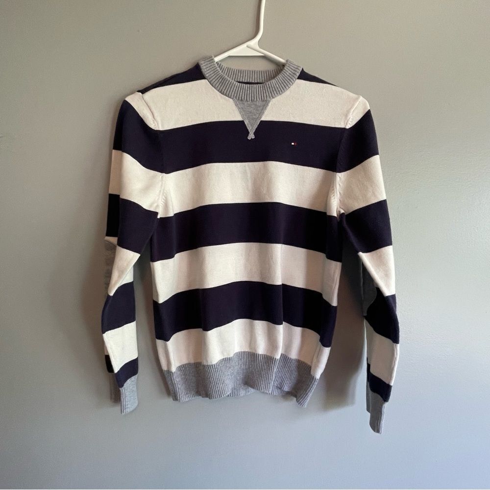 Tommy Hilfiger Boys Striped sweater size Large L 14/16 navy blue white gray